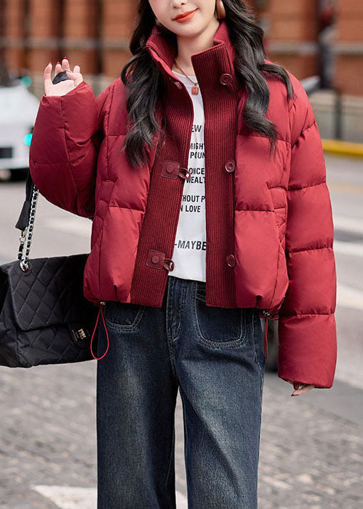 Red High Neck Patchwork Drawstring Fine Cotton Filled Puffer Jacket Winter