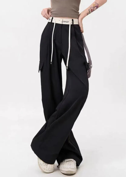 Loose Green Lace Up Pockets Cotton Pants Spring