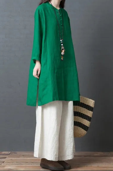 Green Linen Outfit Fabrics Chinese Button Short Side Open Dress Spring