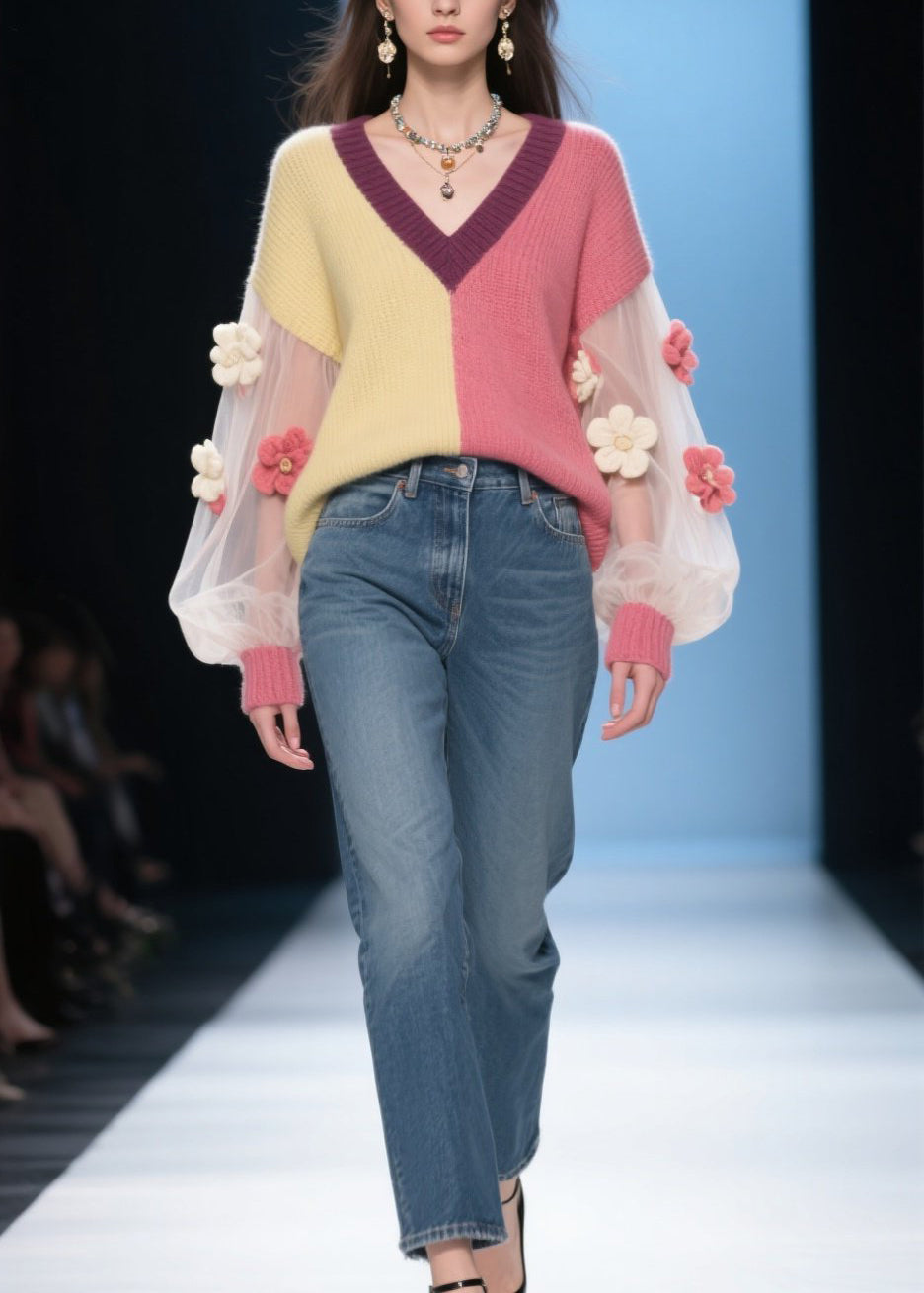 French Colorblock V Neck Tulle Patchwork Knit Sweaters Fall