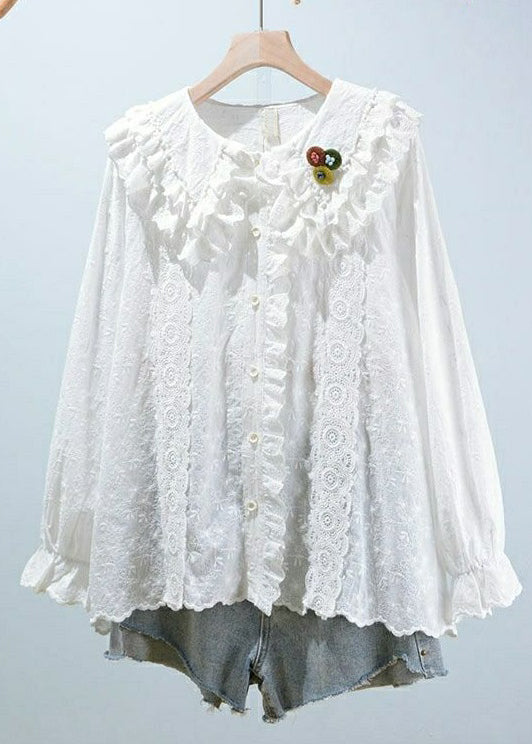 Beige Embroideried Button Cotton Blouses Long Sleeve
