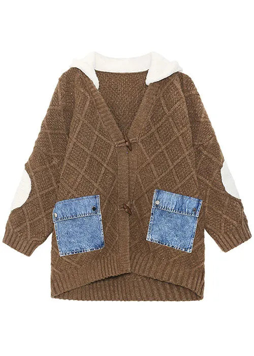 Unique Chocolate Hooded Patchwork Pockets Fall Sweaters Coat
