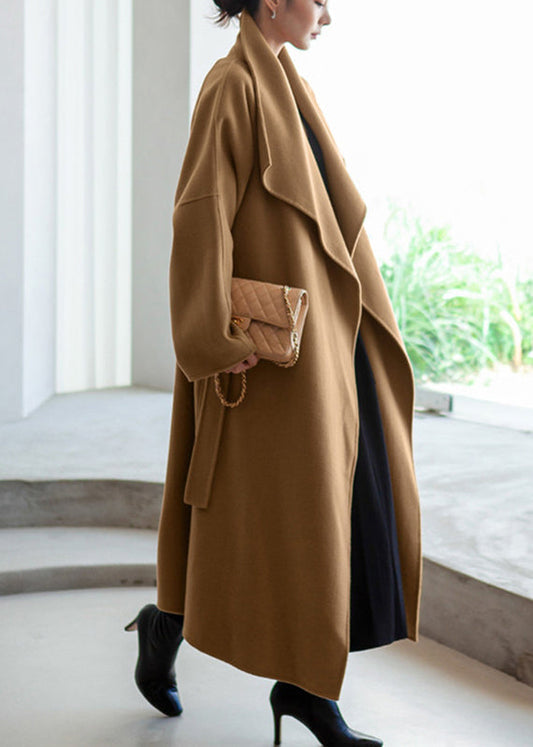 Camel Colour Peter Pan Collar Pockets Woolen Coat Long Sleeve