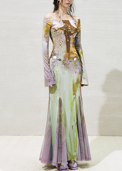Slash Neck Print Tulle Patchwork Long Dresses Fall