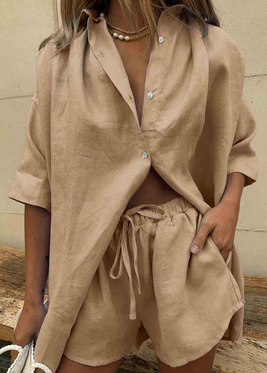 Coffee Oversized Linen Two Pieces Set Summer