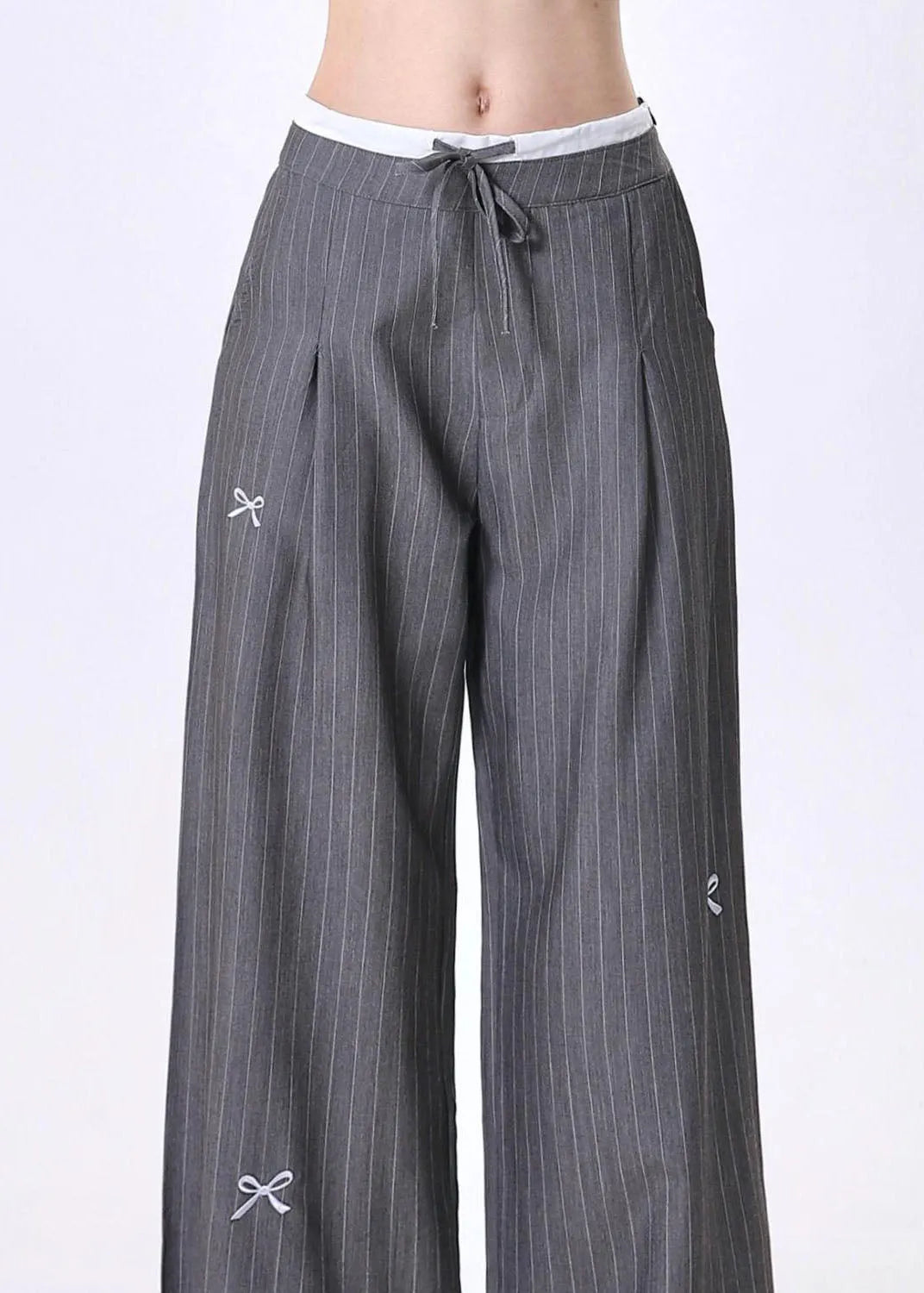 Grey Embroidered Bow Striped Patchwork Cotton Pants Spring