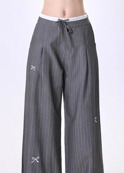 Grey Embroidered Bow Striped Patchwork Cotton Pants Spring