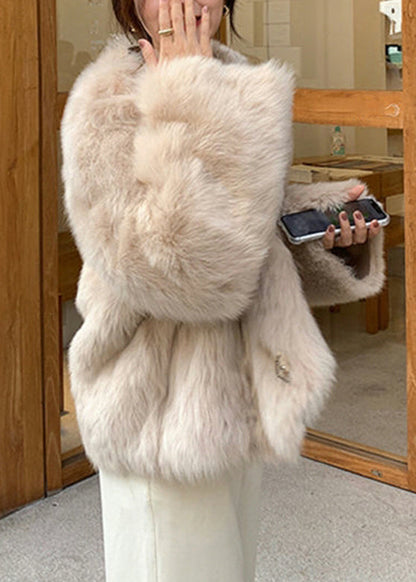 Italian Milk Tea Color O-neck Pockets Leather and Fur Coats Long Sleeve
