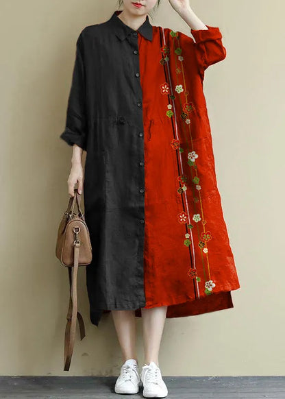 Green Flower Linen Shirt Dress Oversize Spring Maxi Dresses