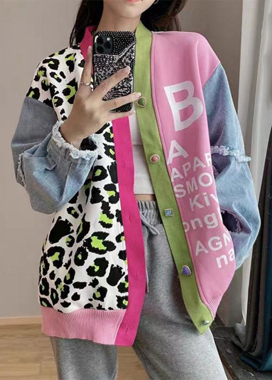 Pink V Neck Print Denim Patchwork Knit Cardigan Spring