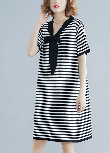 Black White Narrow Striped Short Sleeve Summer Cotton Dress