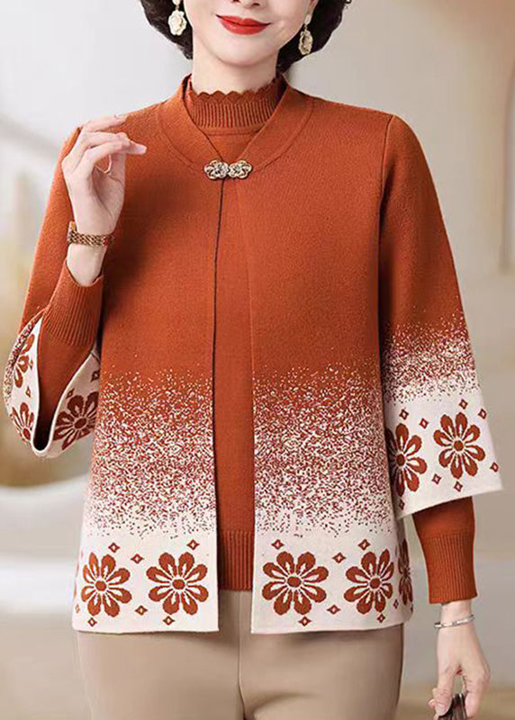 Orange Stand Collar Button Cotton Knit Cardigans and Sweater Two-piece Set Fall