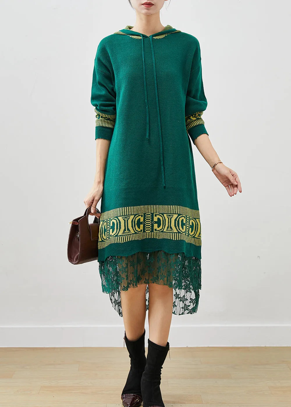 Green Hooded Patchwork Lace Knit Vacation Dresses Spring