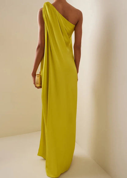 Yellow One Shoulder Asymmetrical Wrinkled Maxi Dresses Summer