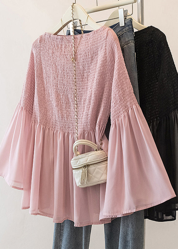 Pink Wrinkled Chiffon Blouse Tops Flare Sleeve Fall
