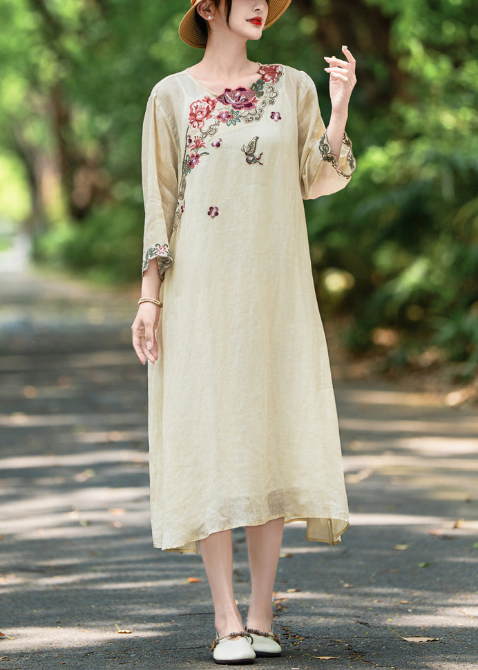 Apricot Side Open Linen Dresses Embroidered Bracelet Sleeve Summer