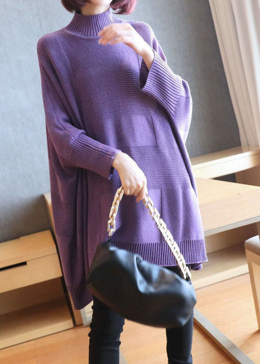 Art Purple Turtleneck Loose Fall Long Sweater