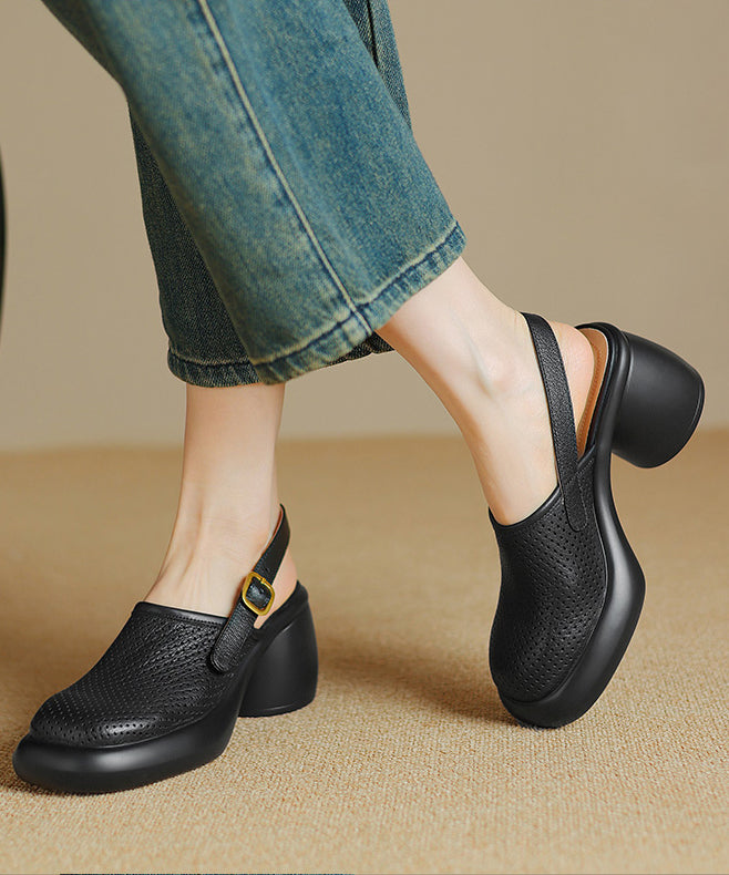 Novelty Black Hollow Out Splicing Buckle Strap Chunky Sandals