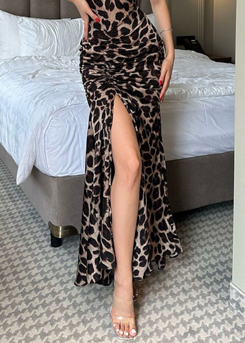 Leopard Drawstring Side Open Cotton Spaghetti Strap Dress Sleeveless