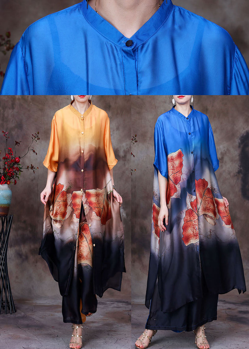 Blue Print Silk Long Shirt and Straight Pant Two Pieces Set Stand Collar Side Open Summer