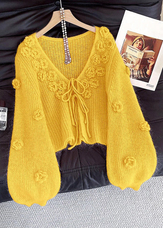 Yellow Lace Up Knit Cardigan V Neck Fall
