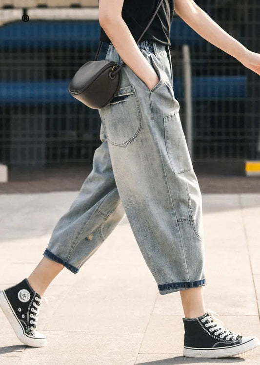 Blue Oversized Patchwork Applique Denim Ripped Pants Summer