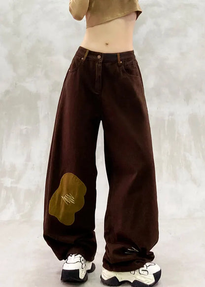 Brown Oversized Patchwork Applique Denim Pants Spring