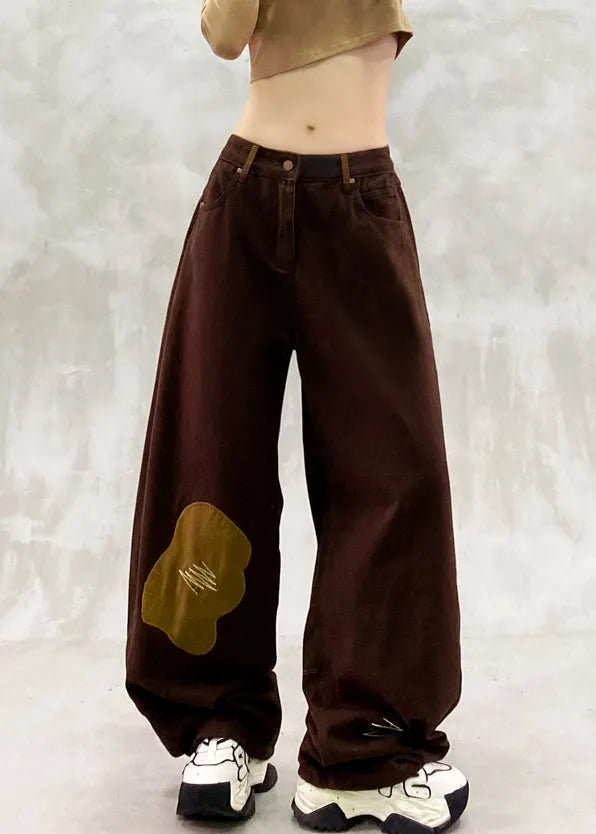 Brown Oversized Patchwork Applique Denim Pants Spring