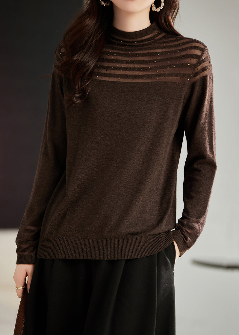 Coffee Nail Bead Tulle Patchwork Knit Top Long Sleeve