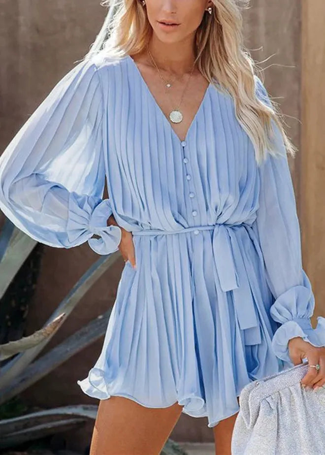 Light Blue Tie Waist Mid Dress Lantern Sleeve