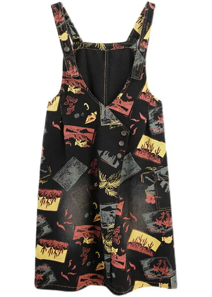 Black V Neck Asymmetrical Button Print Strap Denim Dress Summer