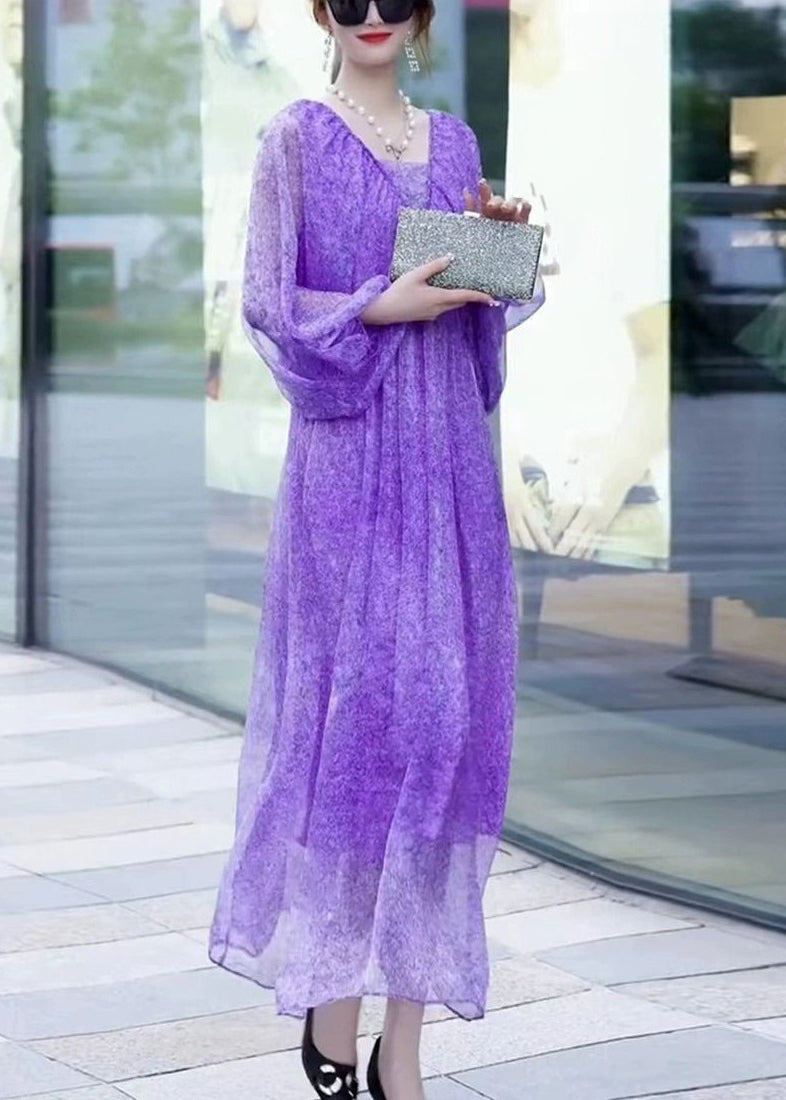 Purple V Neck Print Chiffon Long Dresses Lantern Sleeve