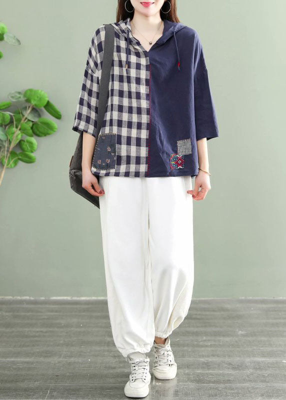Blue Hooded Plaid Patchwork Drawstring Fall Tops Half Sleeve
