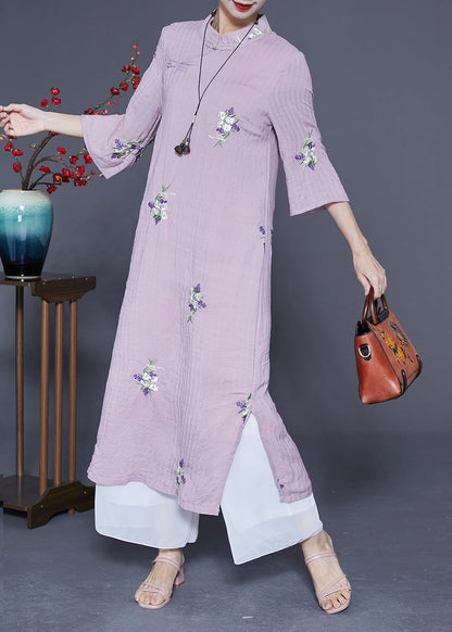 Purple Embroideried Chinese Button Linen Long Dresses Bracelet Sleeve