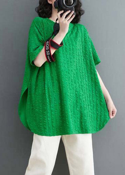 Green O-neck Wrinkled Cotton Top Short Sleeve