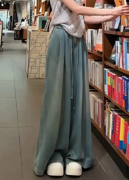 Modern Blue Oversized Drawstring Denim Wide Leg Pants Fall