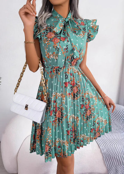 Green Print Lace Up Cotton Mid Dress Summer