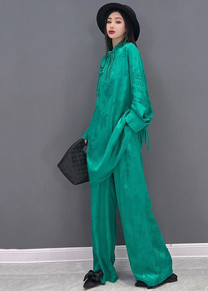 Green Stand Collar Jacquard Silk Sets 2 Pieces Long Sleeve Fall