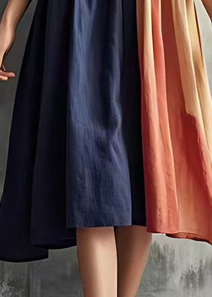 Navy Patchwork Wrinkled Cotton Long Dresses Flare Sleeve