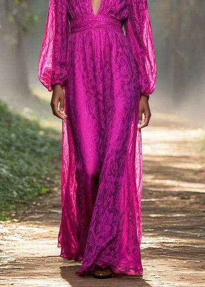 Art Pitaya Color V Neck Jacquard Chiffon Vacation Dress Spring