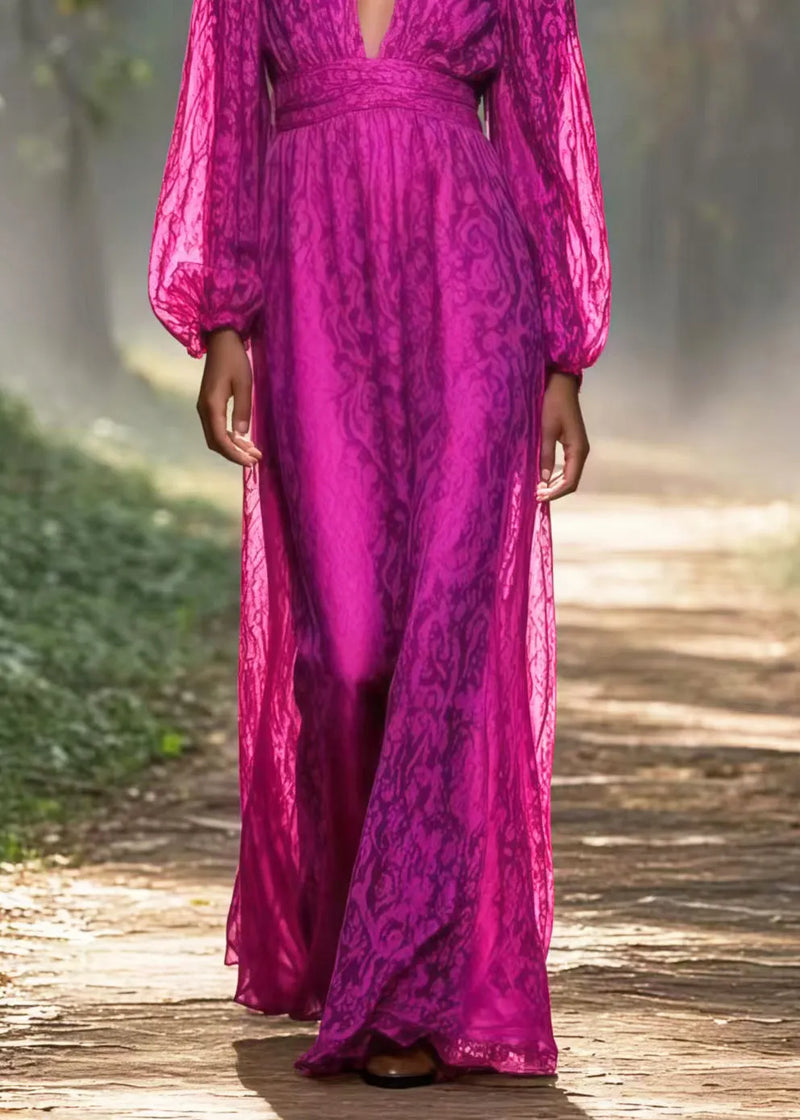 Art Pitaya Color V Neck Jacquard Chiffon Vacation Dress Spring