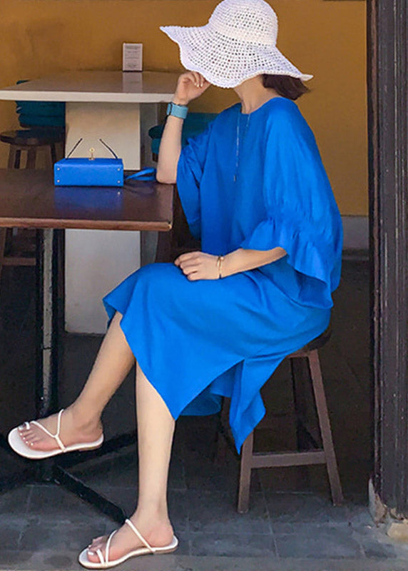 Blue O-neck Long Dresses Flare Sleeve