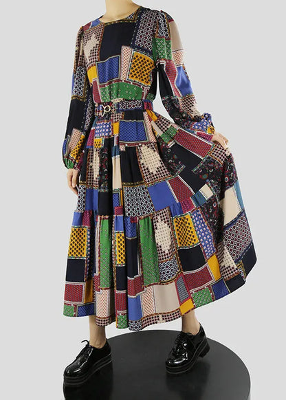 Black O-neck Sashes Print Holiday Dress Spring