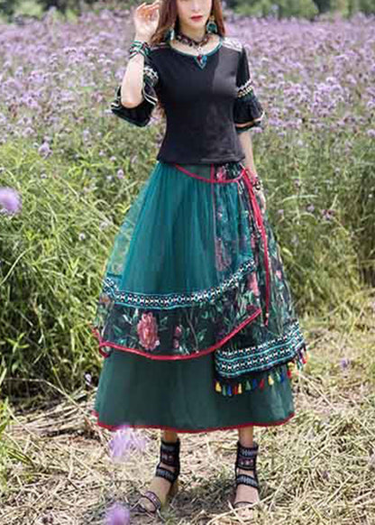 Green O-neck Top and Skirts Tulle Two Piece Set Summer