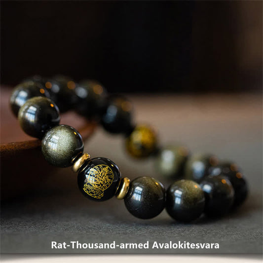 Buddha Stones Chinese Zodiac Natal Buddha Gold Sheen Obsidian Wealth Protection Bracelet