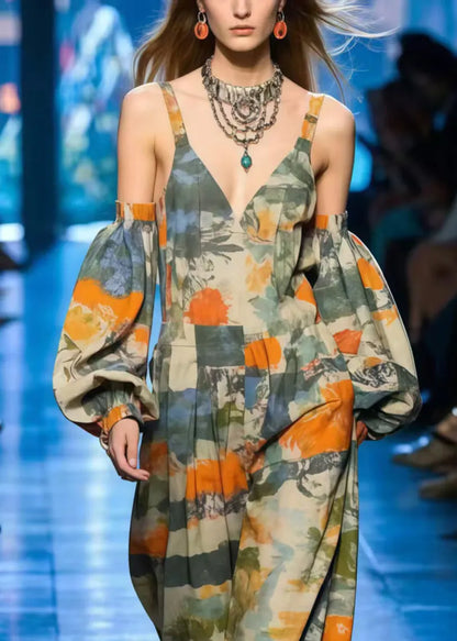 Cold Shoulder Print Cotton Jumpsuit Lantern Sleeve