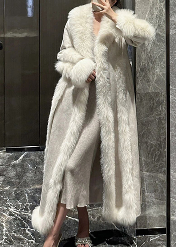 Style White Fox Collar Patchwork Pockets Leather and Fur Long Coats Winter
