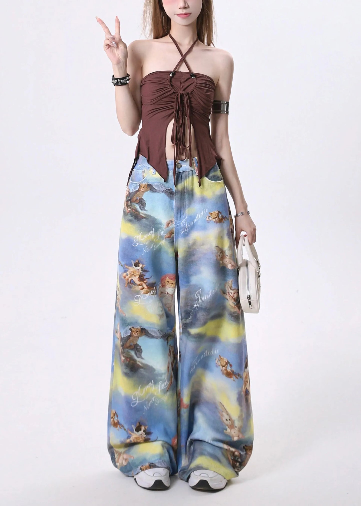 Stylish Blue Tie Dye Print Cotton Straight Pants Spring