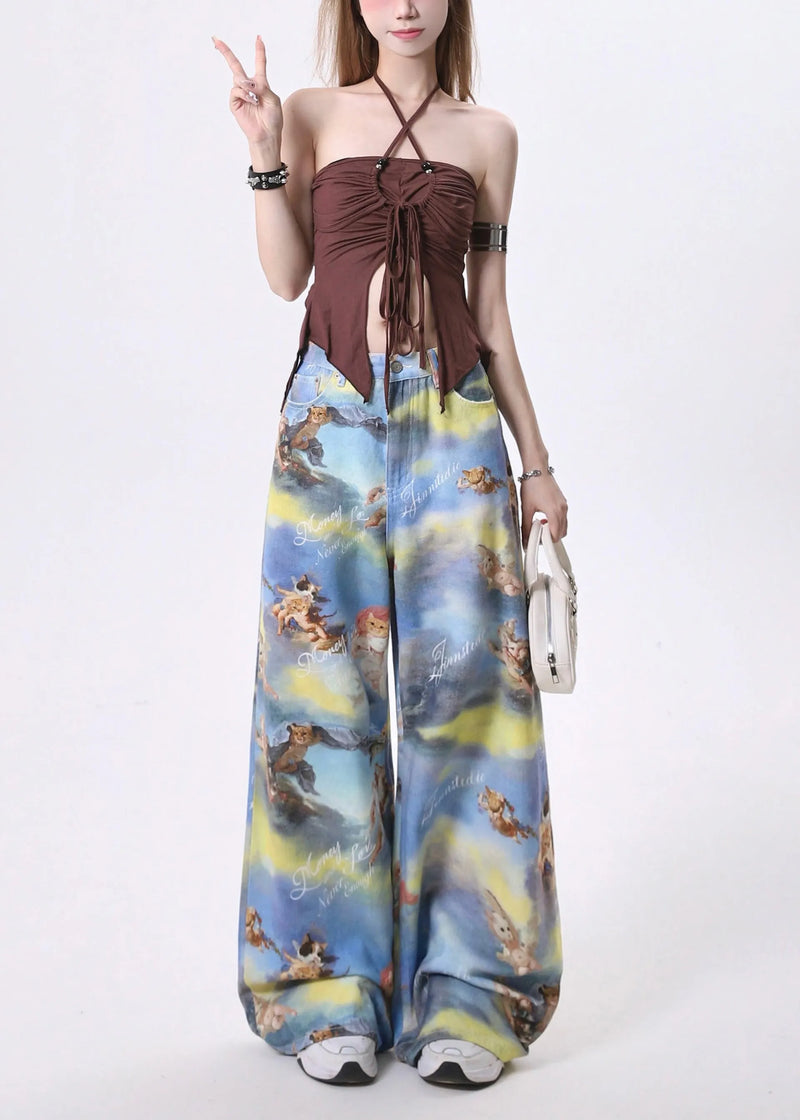 Stylish Blue Tie Dye Print Cotton Straight Pants Spring