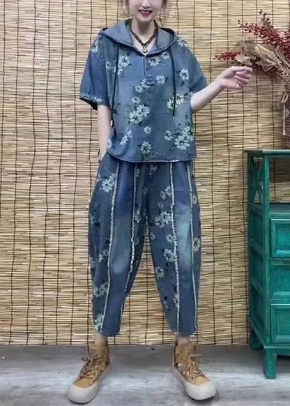 Style Blue Hooded Print Denim Two Pieces Set Summer